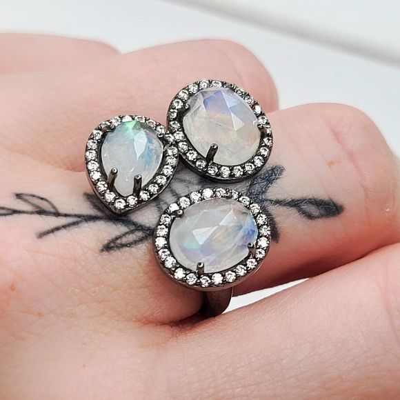 Triple Moonstone with Simulated Diamond Pave Bezel Adjustable Ring | 7½-11 - Picture 8 of 11
